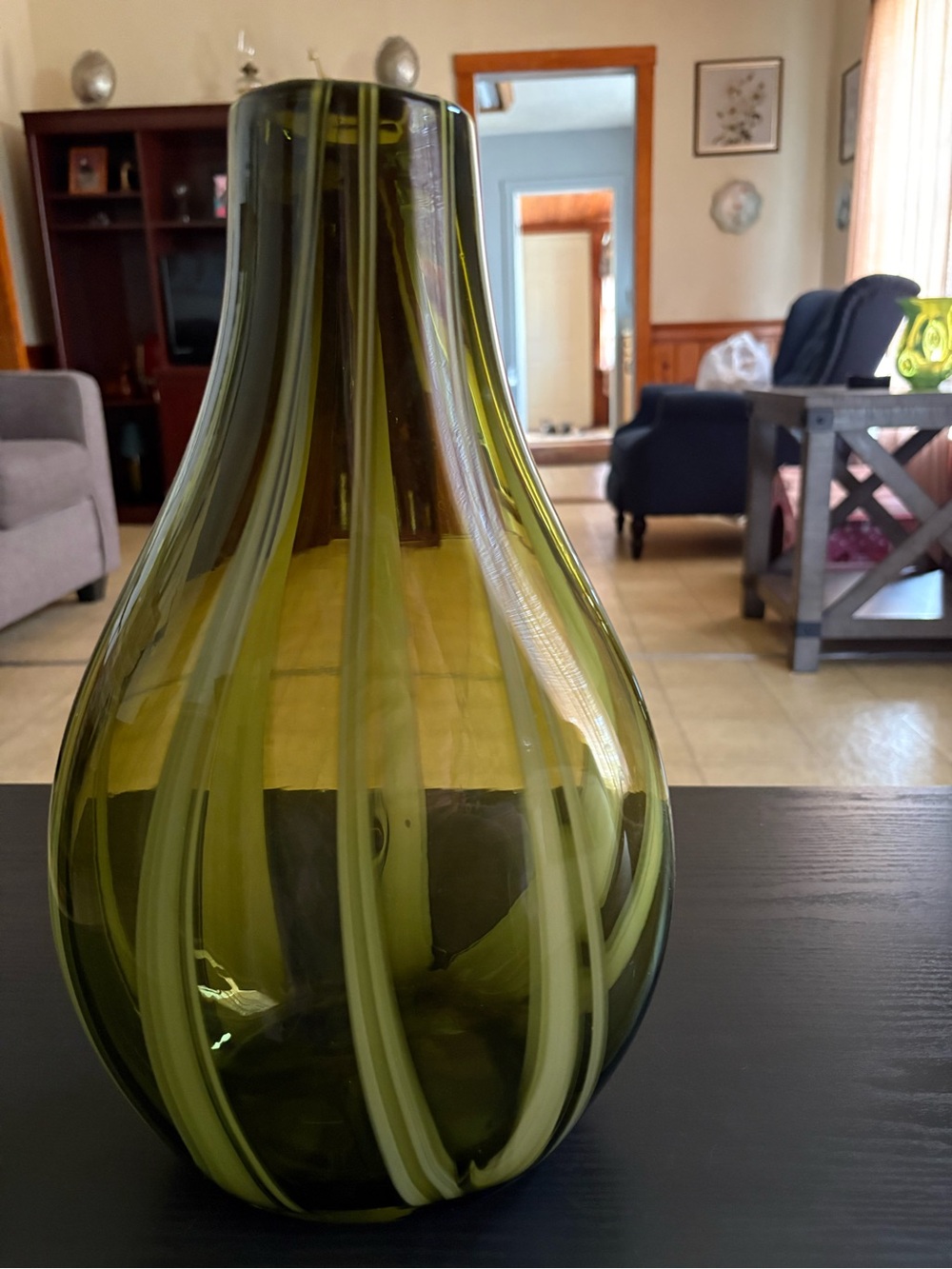 Mid-Century Modern Hand Blown Olive Green Art Glass Vase 13.5” Tall